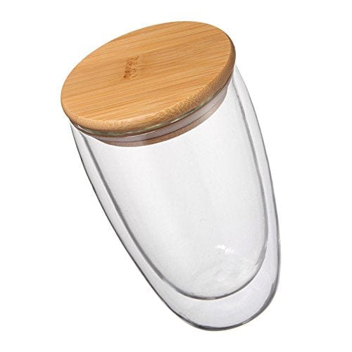 Fancy & Stacy 350ml Glass 350ml 12oz double walled mug with bamboo lid double-wall glasses with spill proof bamboo lids. perfect for serving tea, coffee, juice, sodas, cocktails, whiskey, scotch, vodka, or your preferred spirit on the rocks.