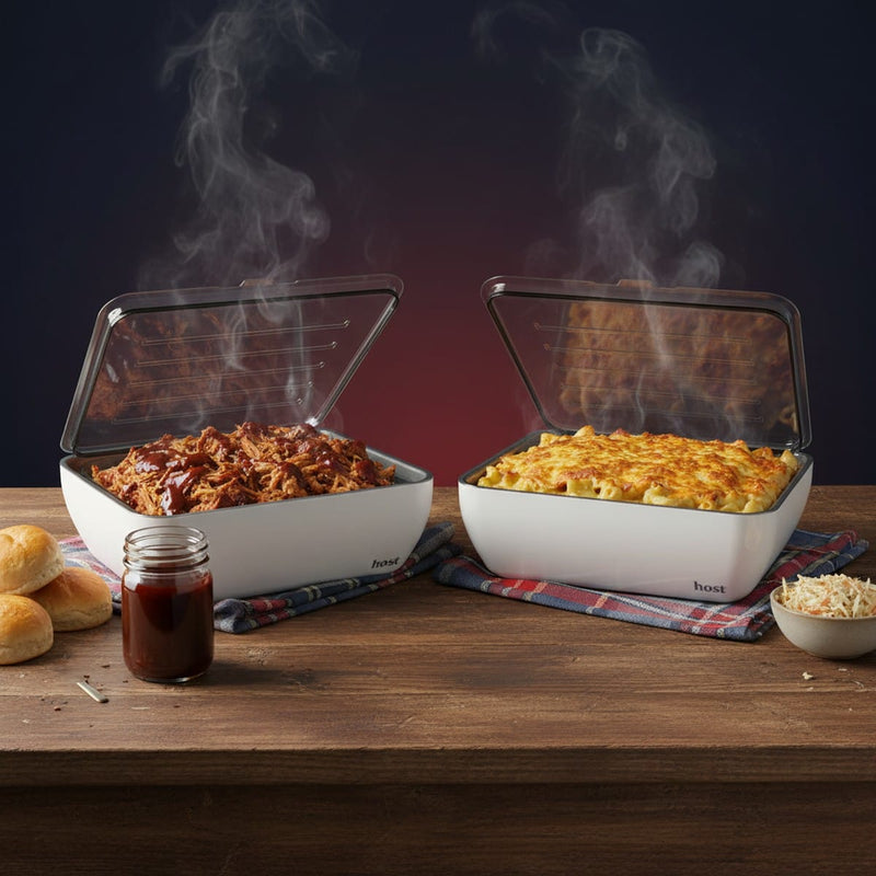 Host Modern Thermal Serving Dish buffet with pulled pork and mac and cheese
