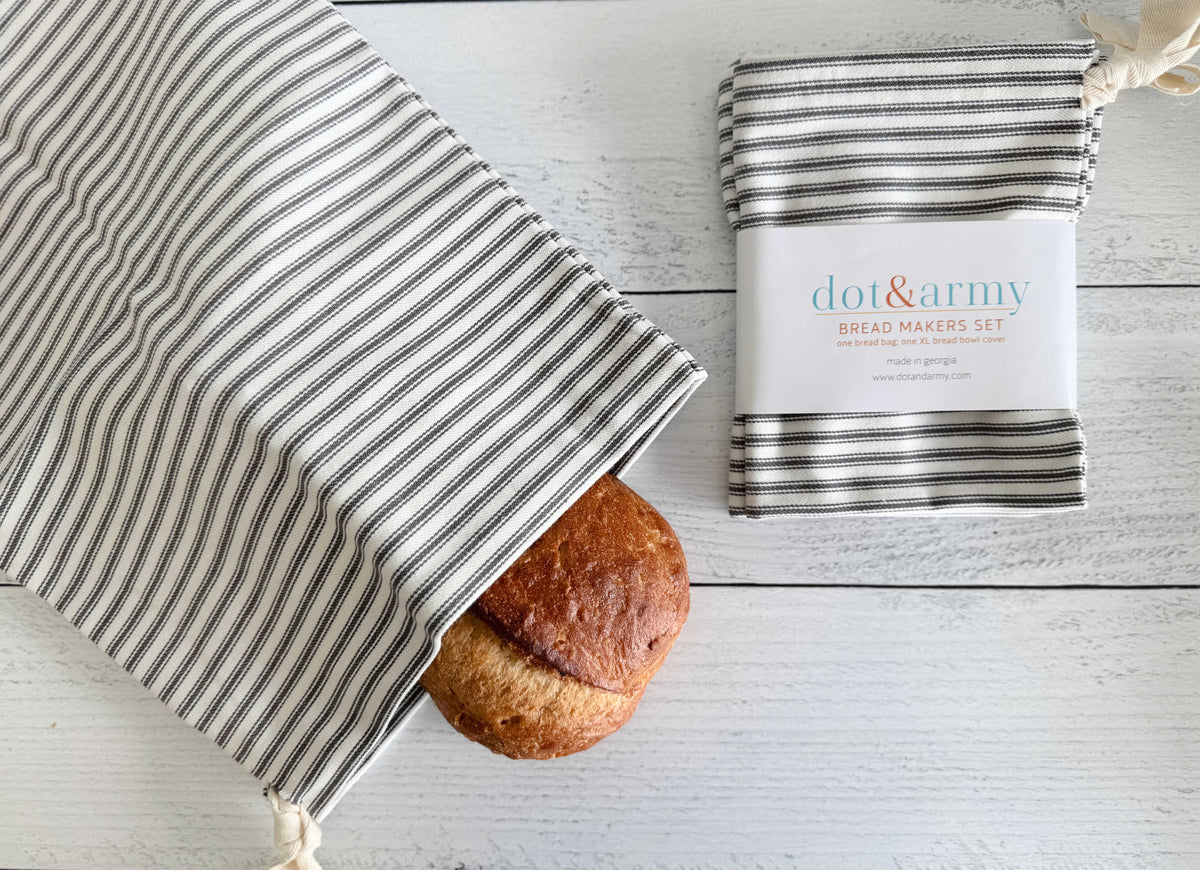 Dot and Army Breadmakers Grey Ticking Stripe Bread Bags, set of two