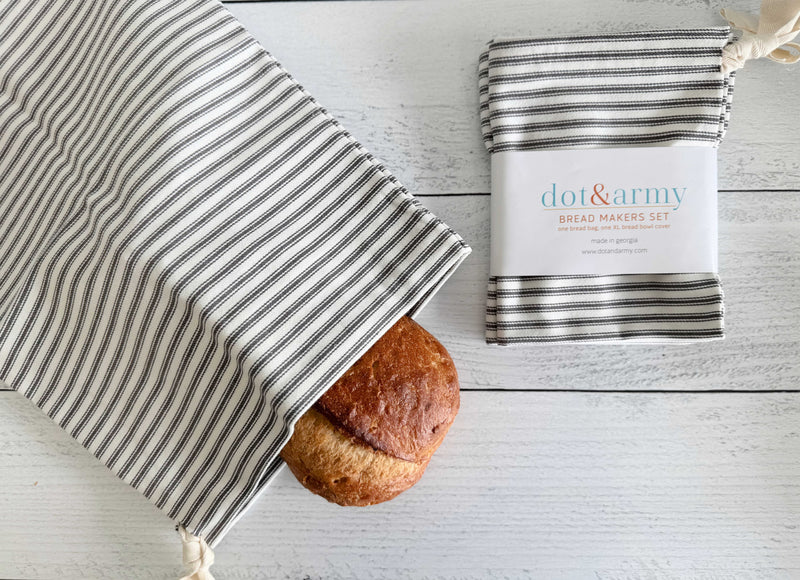 Dot and Army Breadmakers Grey Ticking Stripe Bread Bags, set of two