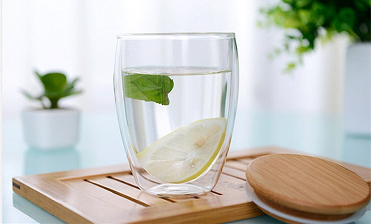 Fancy & Stacy 350ml Glass 350ml 12oz double walled mug with bamboo lid double-wall glasses with spill proof bamboo lids. perfect for serving tea, coffee, juice, sodas, cocktails, whiskey, scotch, vodka, or your preferred spirit on the rocks.