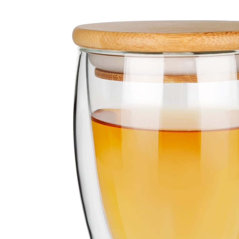 Fancy & Stacy 350ml Glass 350ml 12oz double walled mug with bamboo lid double-wall glasses with spill proof bamboo lids. perfect for serving tea, coffee, juice, sodas, cocktails, whiskey, scotch, vodka, or your preferred spirit on the rocks.