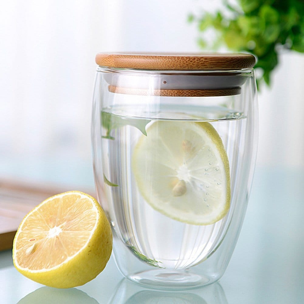 Fancy & Stacy 350ml Glass 350ml 12oz double walled mug with bamboo lid double-wall glasses with spill proof bamboo lids. perfect for serving tea, coffee, juice, sodas, cocktails, whiskey, scotch, vodka, or your preferred spirit on the rocks.