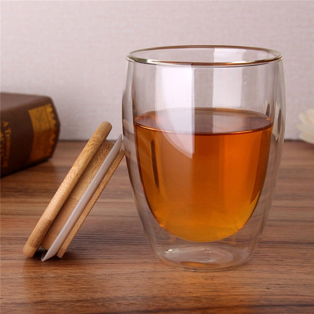 Fancy & Stacy 350ml Glass 350ml 12oz double walled mug with bamboo lid double-wall glasses with spill proof bamboo lids. perfect for serving tea, coffee, juice, sodas, cocktails, whiskey, scotch, vodka, or your preferred spirit on the rocks.