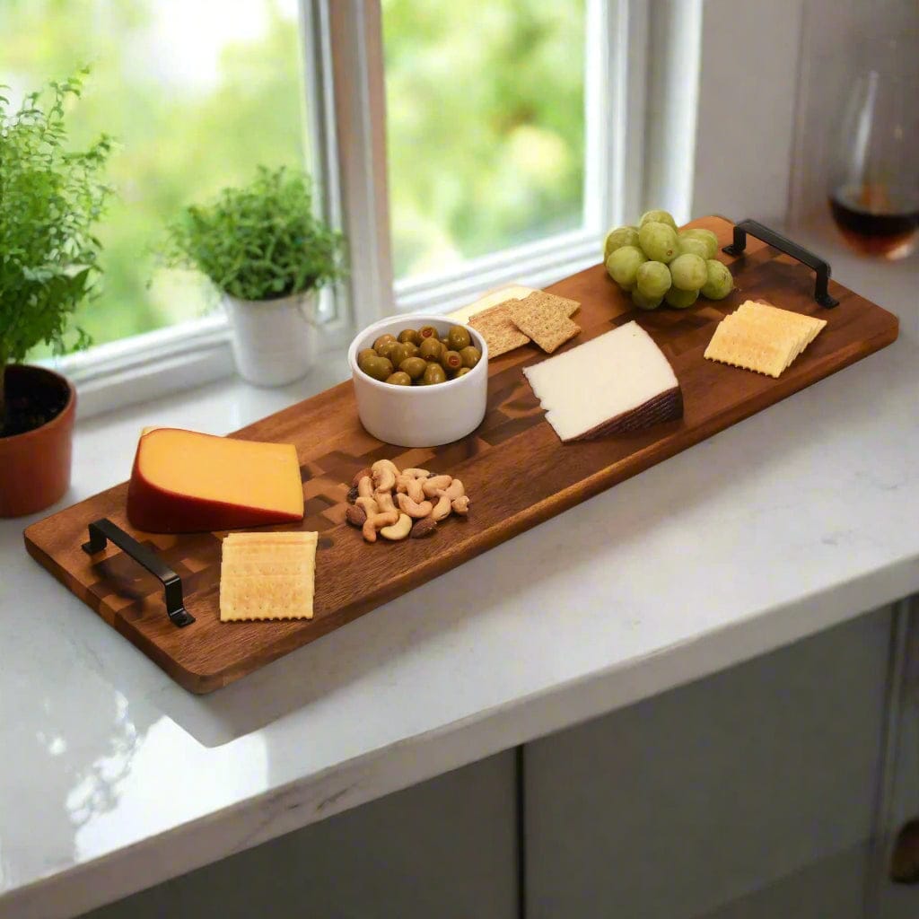 Kalmar Home Serving Tray Extra Long Acacia Serving Trays with Metal Handles