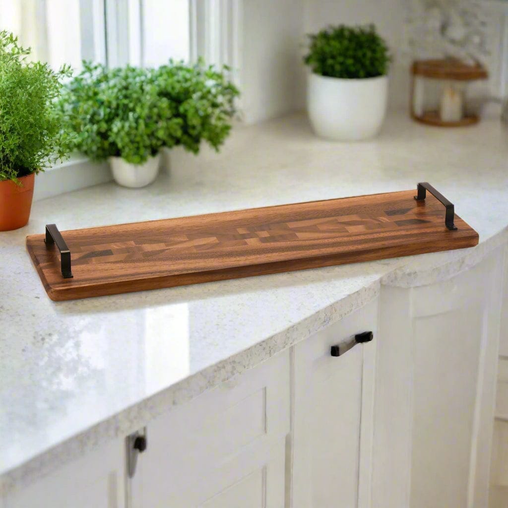 Kalmar Home Serving Tray Long Acacia Serving Trays with Metal Handles