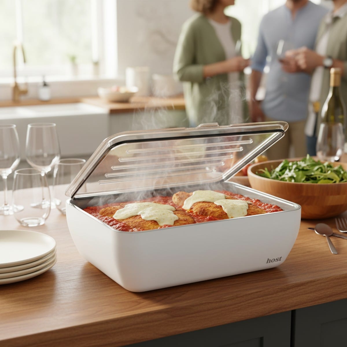 Host Modern Thermal Serving Dish on kitchen island with chicken parmesan