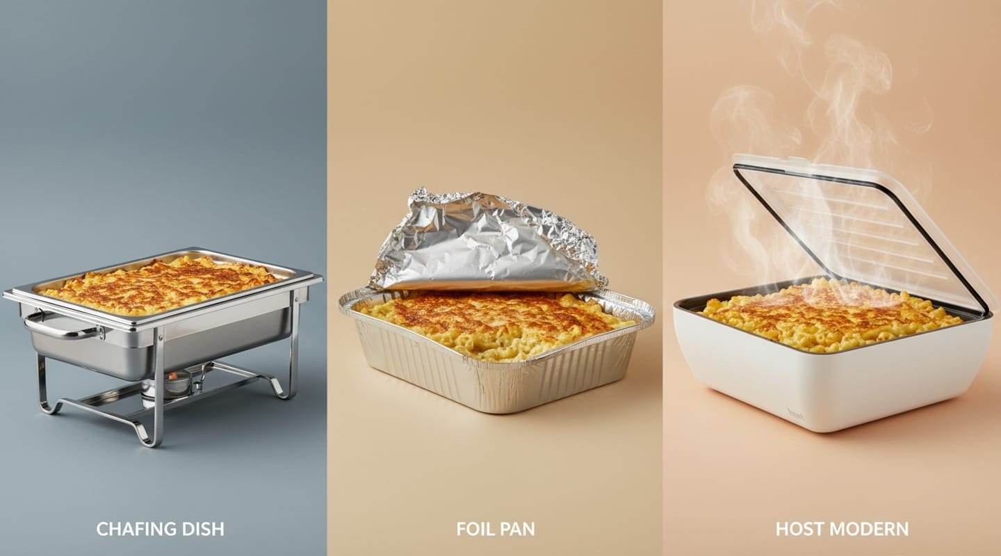 Side-by-side comparison: stainless steel chafing dish, disposable foil pan, and the Host Modern thermal serving dish — only the Host Modern dish has visible steam, showing it stays hot