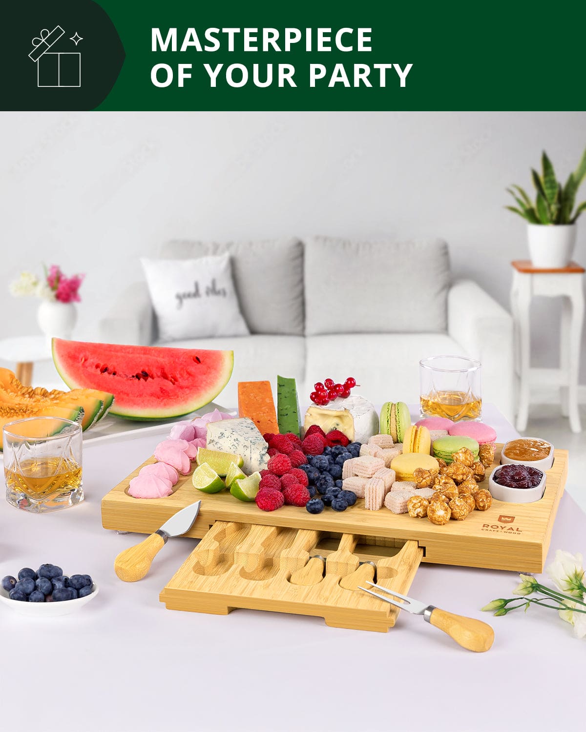 Royal Craft Wood Cheese Board Set w/knives, 16.5“x11”