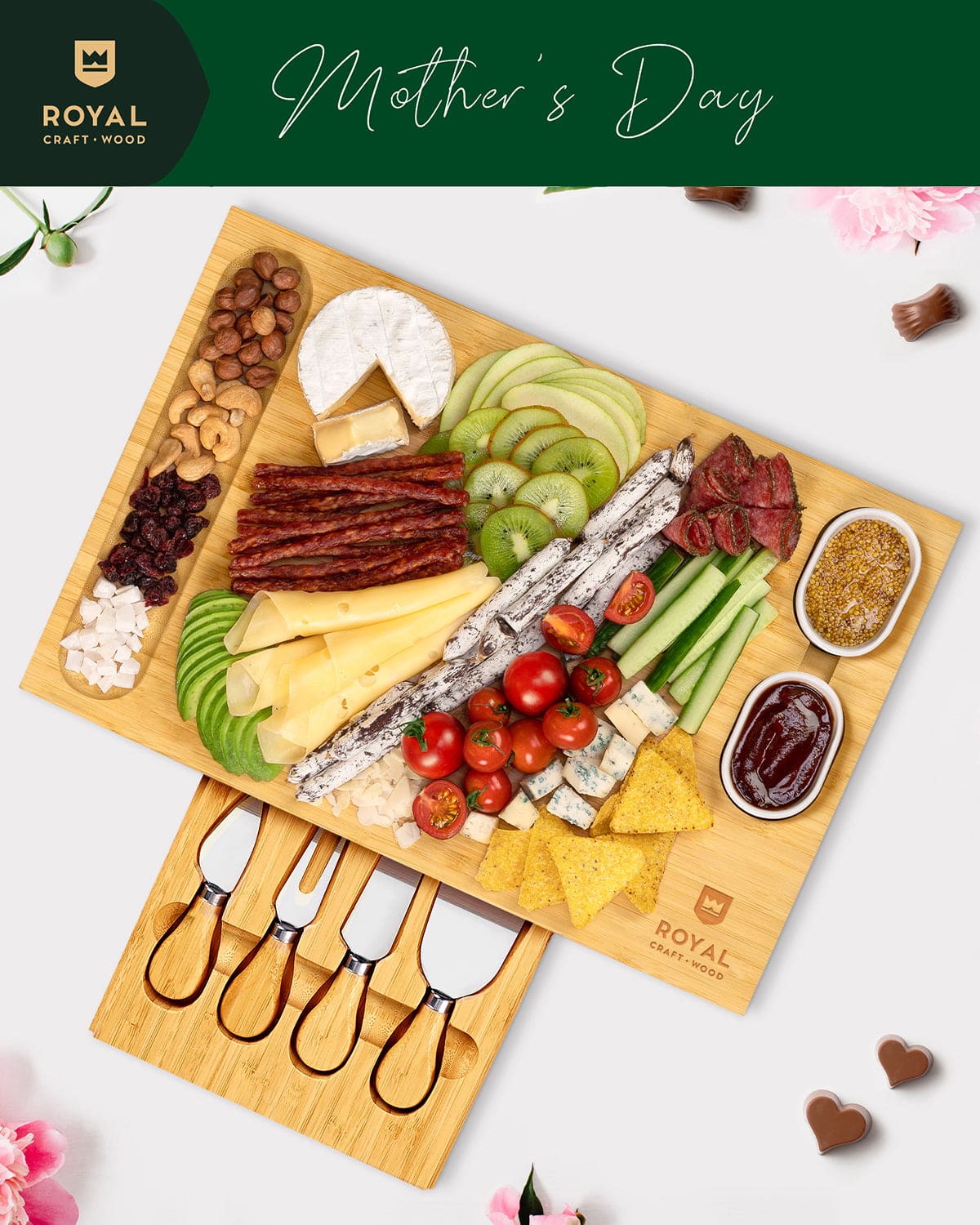 Royal Craft Wood Cheese Board Set w/knives, 16.5“x11”