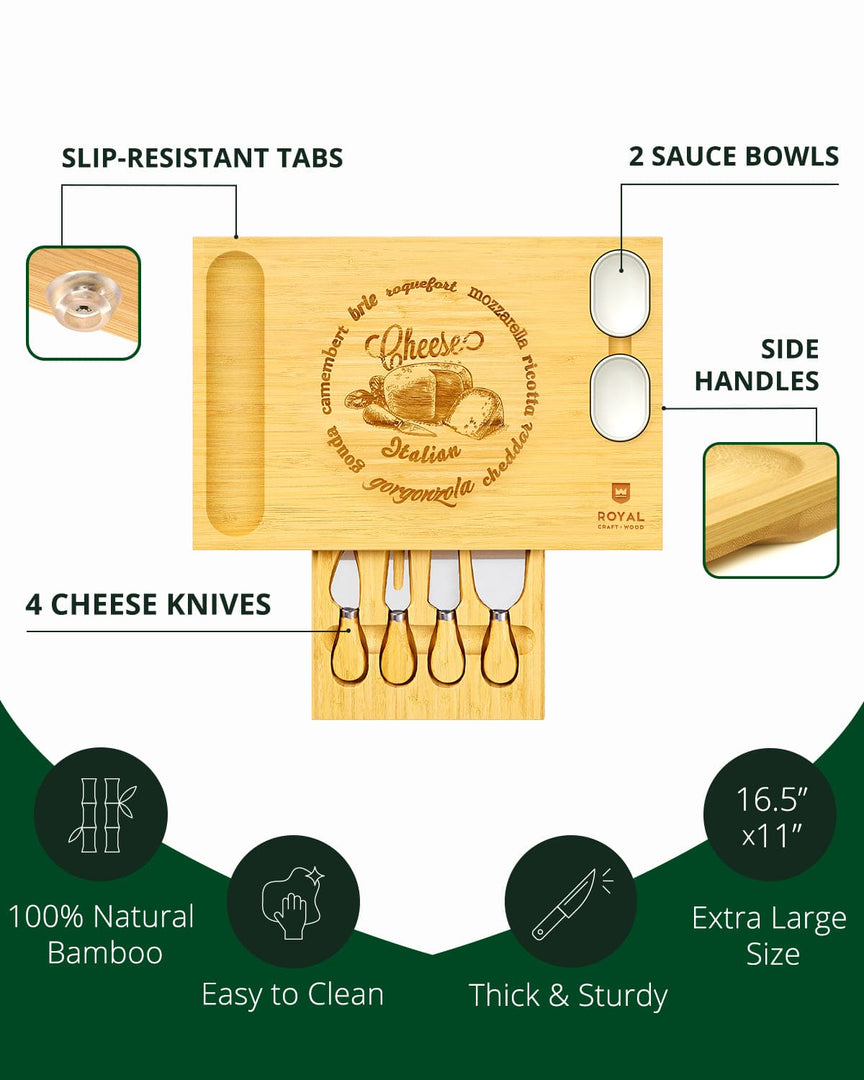 Royal Craft Wood Cheese Board Set w/knives, 16.5“x11”