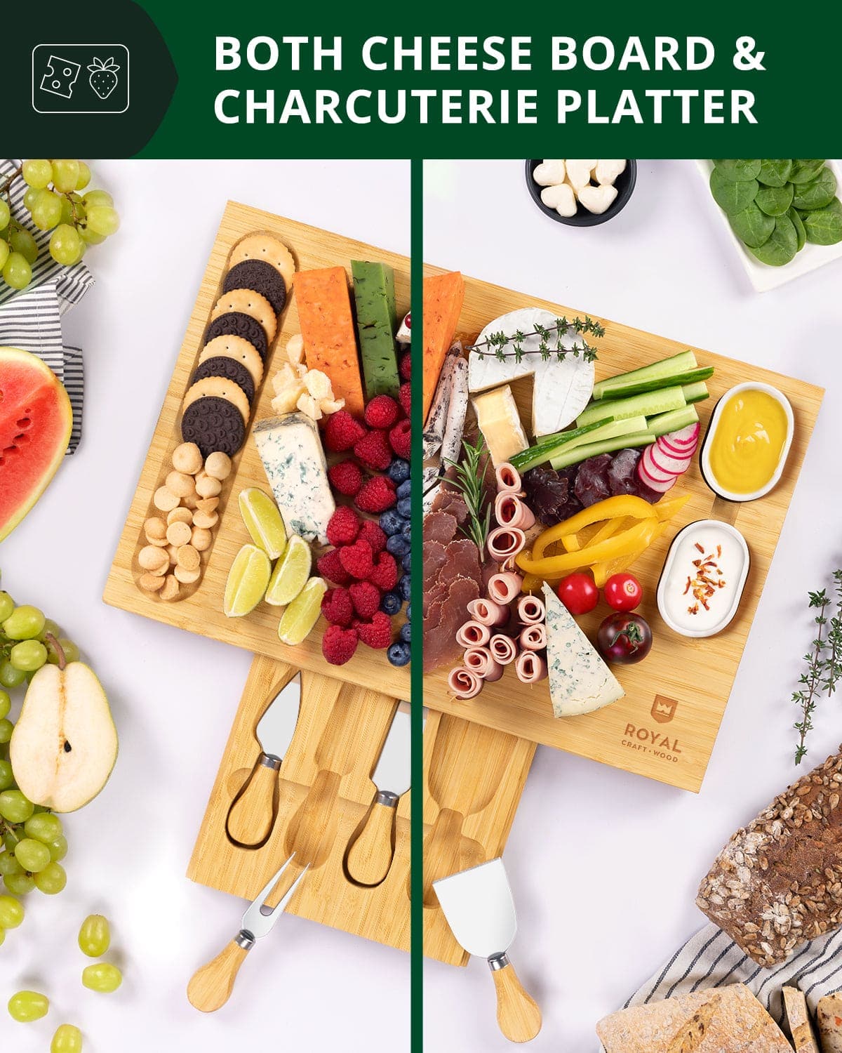 Royal Craft Wood Cheese Board Set w/knives, 16.5“x11”