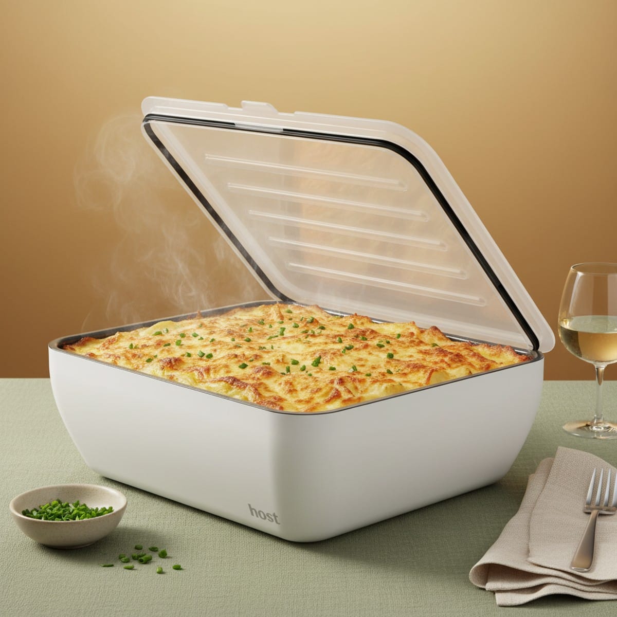 A Host Modern thermal serving dish plated elegantly on a dining table
