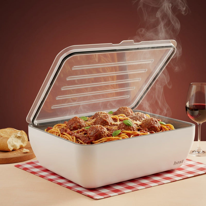 Host Modern Thermal Serving Dish with spaghetti and meatballs